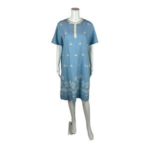 Vintage 60s Shift Dress Women's 1X Plus Volup Blue Linen Embroidered Mod Amy Ada